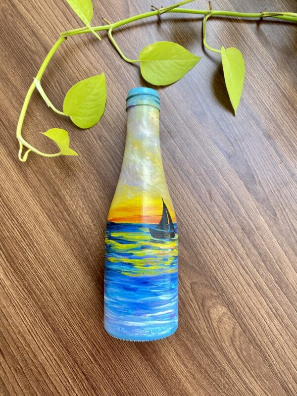 Hand-painted-recycled-bottle-vase-Sailing-sunset