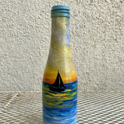 Hand-painted-recycled-bottle-vase-Sailing-sunset