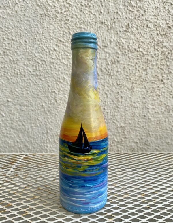 Hand-painted-recycled-bottle-vase-Sailing-sunset