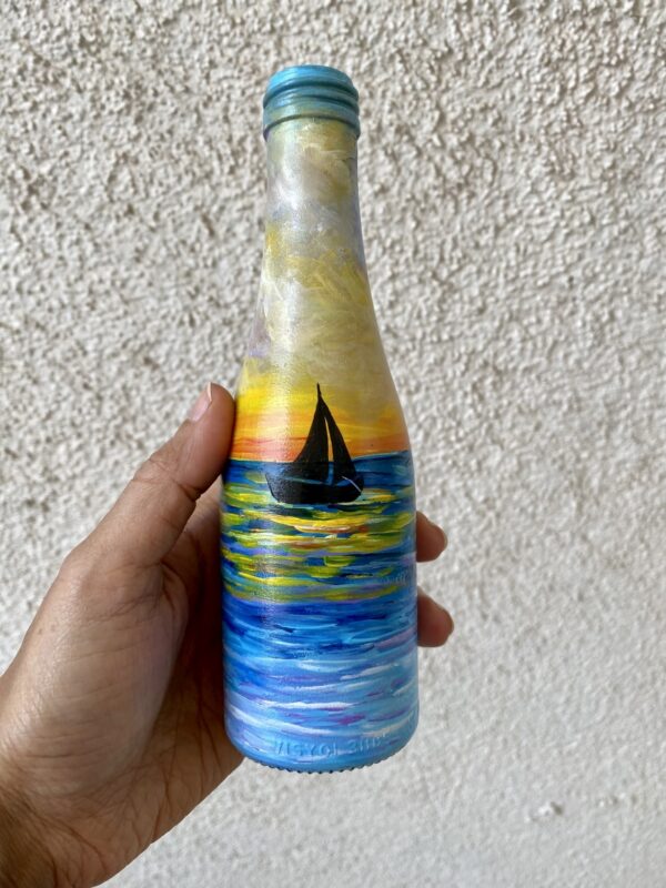 Hand-painted-recycled-bottle-vase-Sailing-sunset