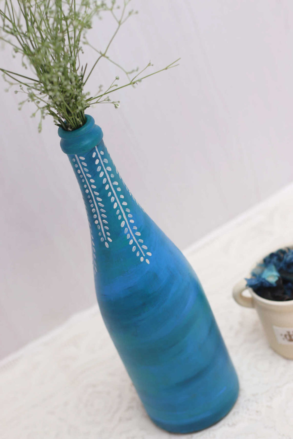 Hand Painted Glass Bottle Vase Blue White Design Imagicart